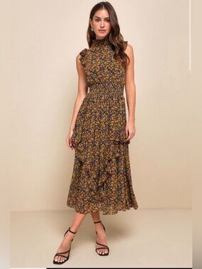 Lulus Evalina Mustard Yellow Floral Print Mock Neck Midi Dress